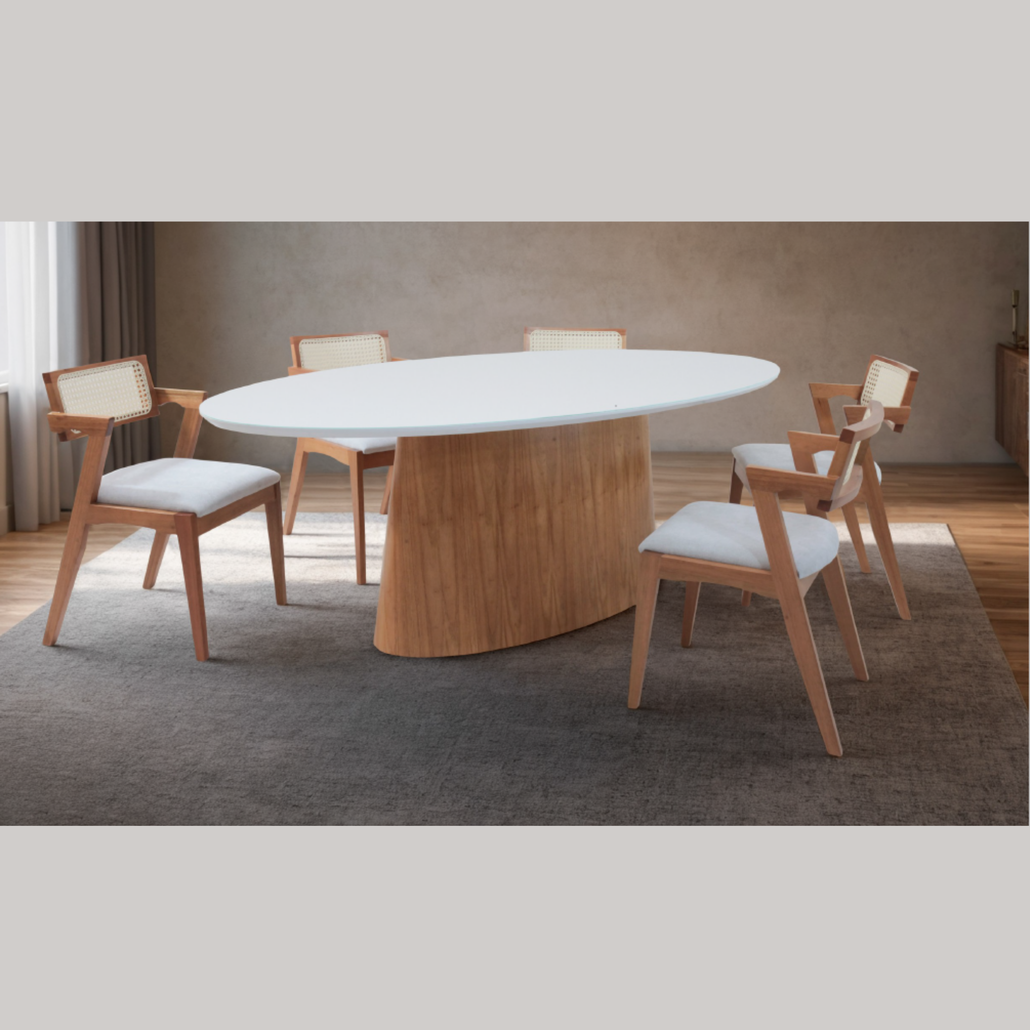 Mesa Lisboa Oval com Tampo em Laca Off-White - Base Cinamomo